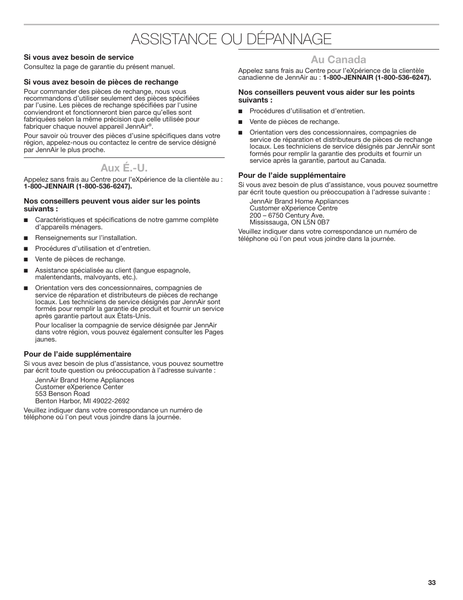 Assistance ou dépannage, Aux é.-u, Au canada | JennAir Rise 24 Inch Under Counter Microwave Drawer Owner's Manual User Manual | Page 33 / 36