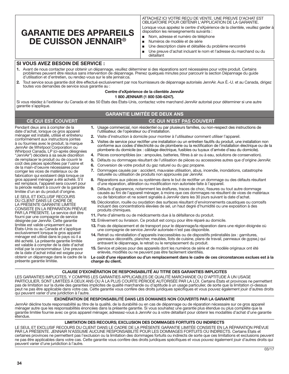 Garantie des appareils de cuisson jennair | JennAir Rise 24 Inch Under Counter Microwave Drawer Owner's Manual User Manual | Page 34 / 36