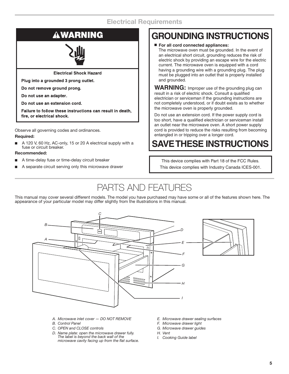 Parts and features, Grounding instructions save these instructions, Electrical requirements | Warning | JennAir Rise 24 Inch Under Counter Microwave Drawer Owner's Manual User Manual | Page 5 / 36