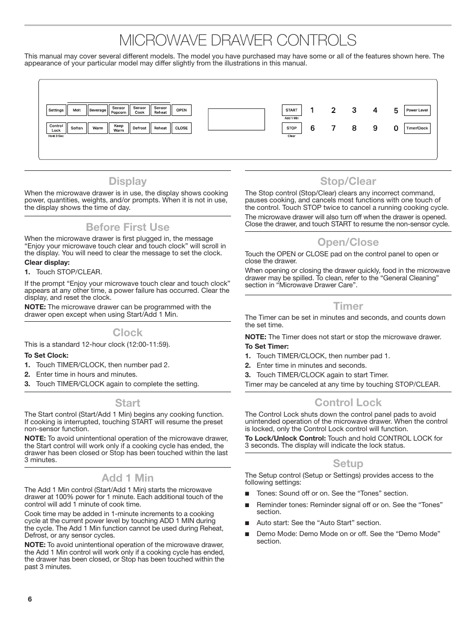 Microwave drawer controls, Display, Before first use | Clock, Start, Add 1 min, Stop/clear, Open/close, Timer, Control lock | JennAir Rise 24 Inch Under Counter Microwave Drawer Owner's Manual User Manual | Page 6 / 36