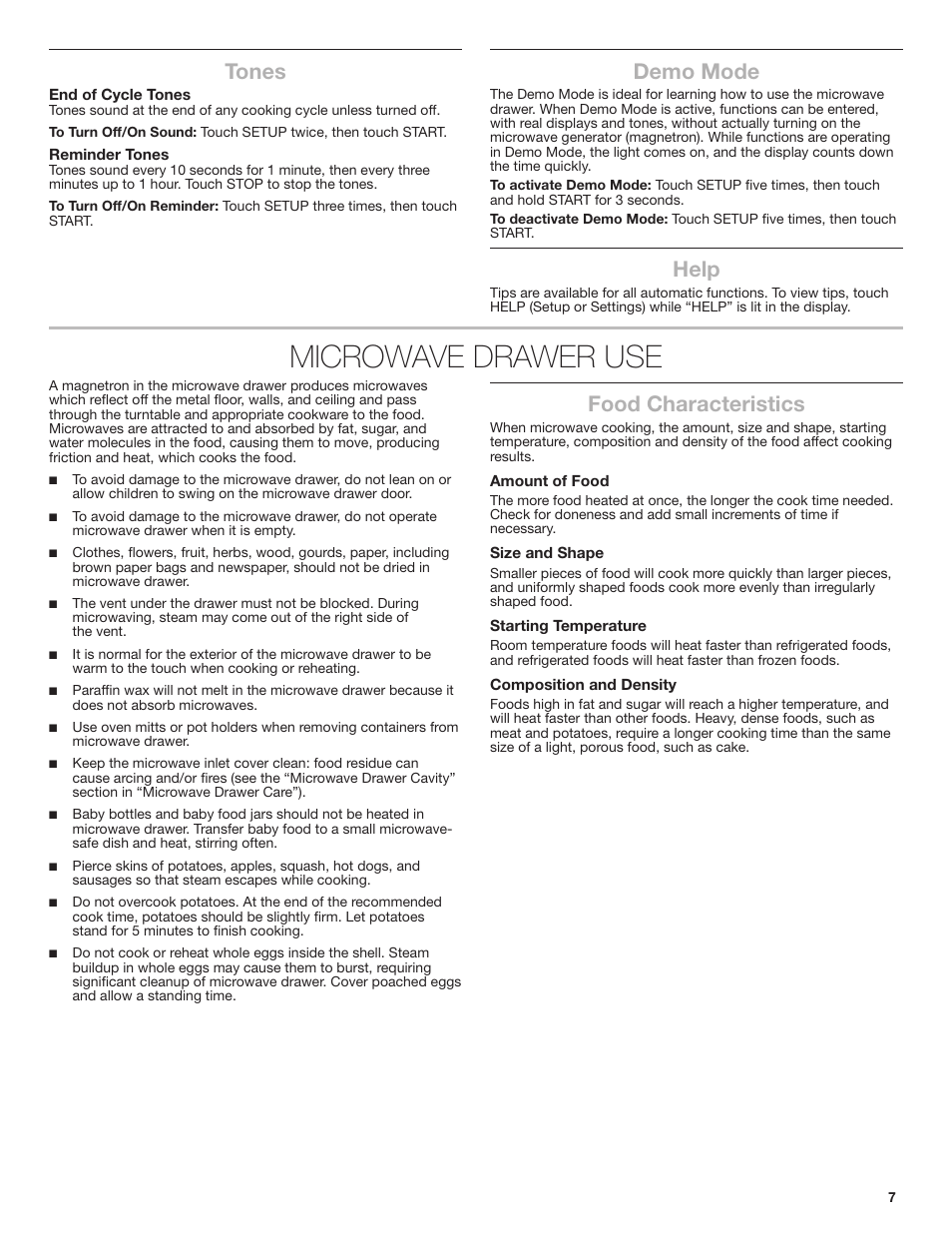 Microwave drawer use, Tones, Demo mode | Help, Food characteristics | JennAir Rise 24 Inch Under Counter Microwave Drawer Owner's Manual User Manual | Page 7 / 36