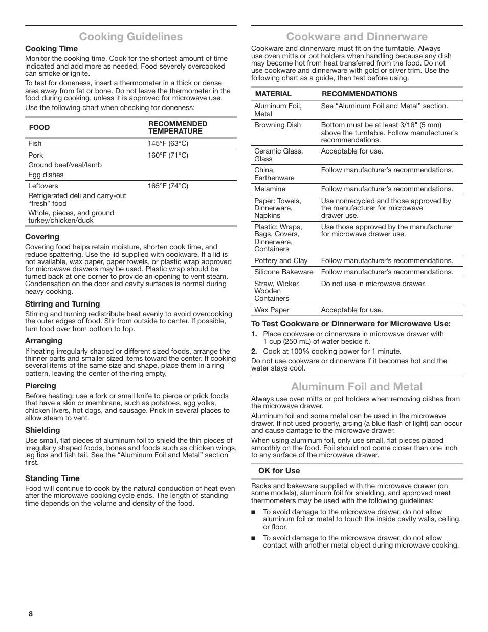 Cooking guidelines, Cookware and dinnerware, Aluminum foil and metal | JennAir Rise 24 Inch Under Counter Microwave Drawer Owner's Manual User Manual | Page 8 / 36