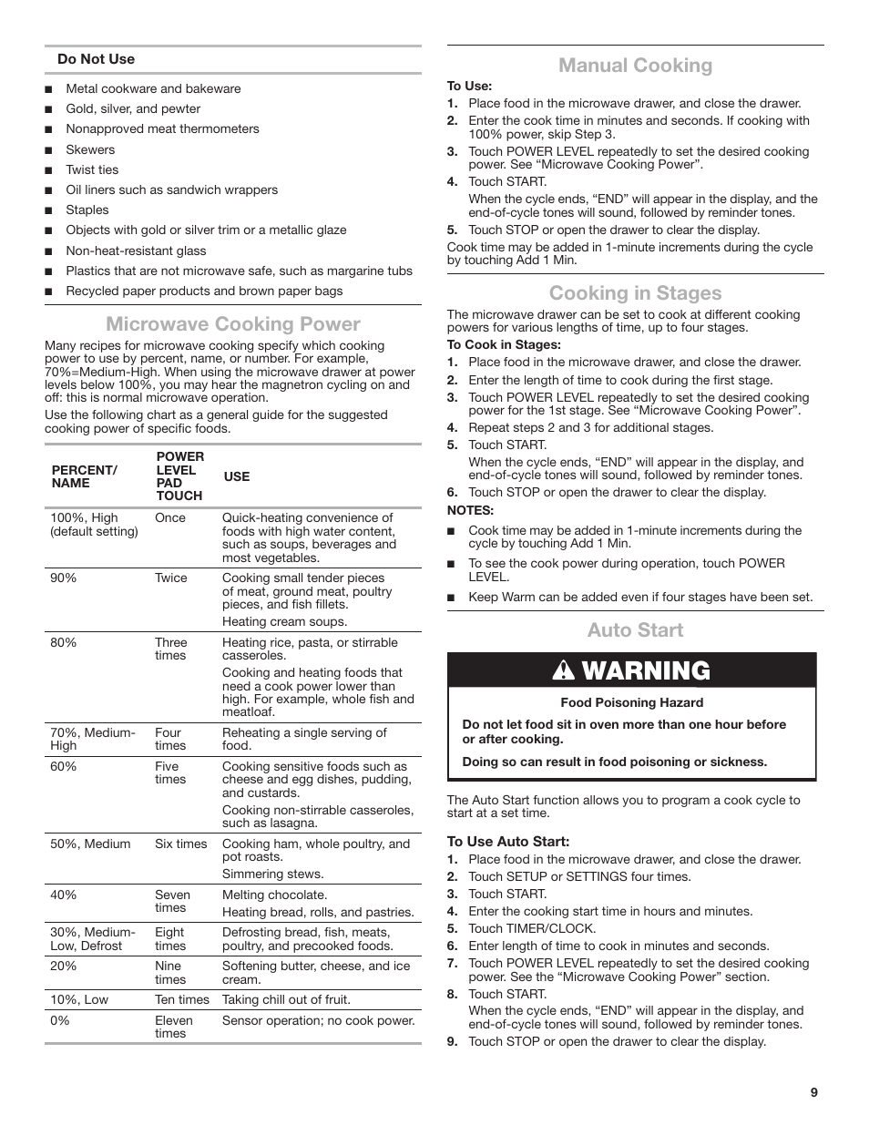 Warning, Microwave cooking power, Manual cooking | Cooking in stages, Auto start | JennAir Rise 24 Inch Under Counter Microwave Drawer Owner's Manual User Manual | Page 9 / 36