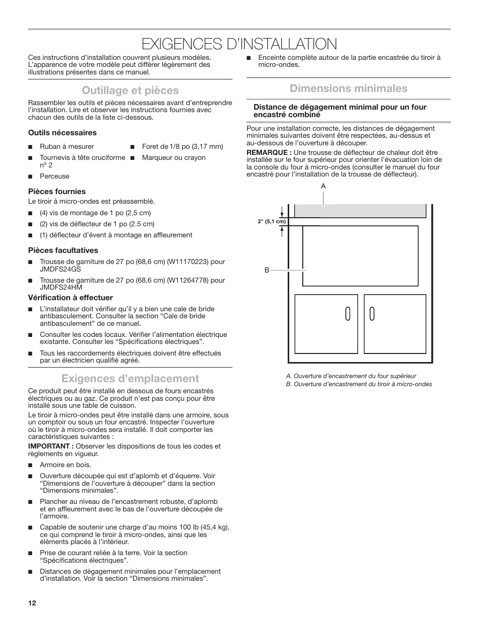 Exigences d’installation, Outillage et pièces, Exigences d’emplacement | Dimensions minimales | JennAir Noir 24 Inch Undercounter Microwave Oven Installation Guide User Manual | Page 12 / 20