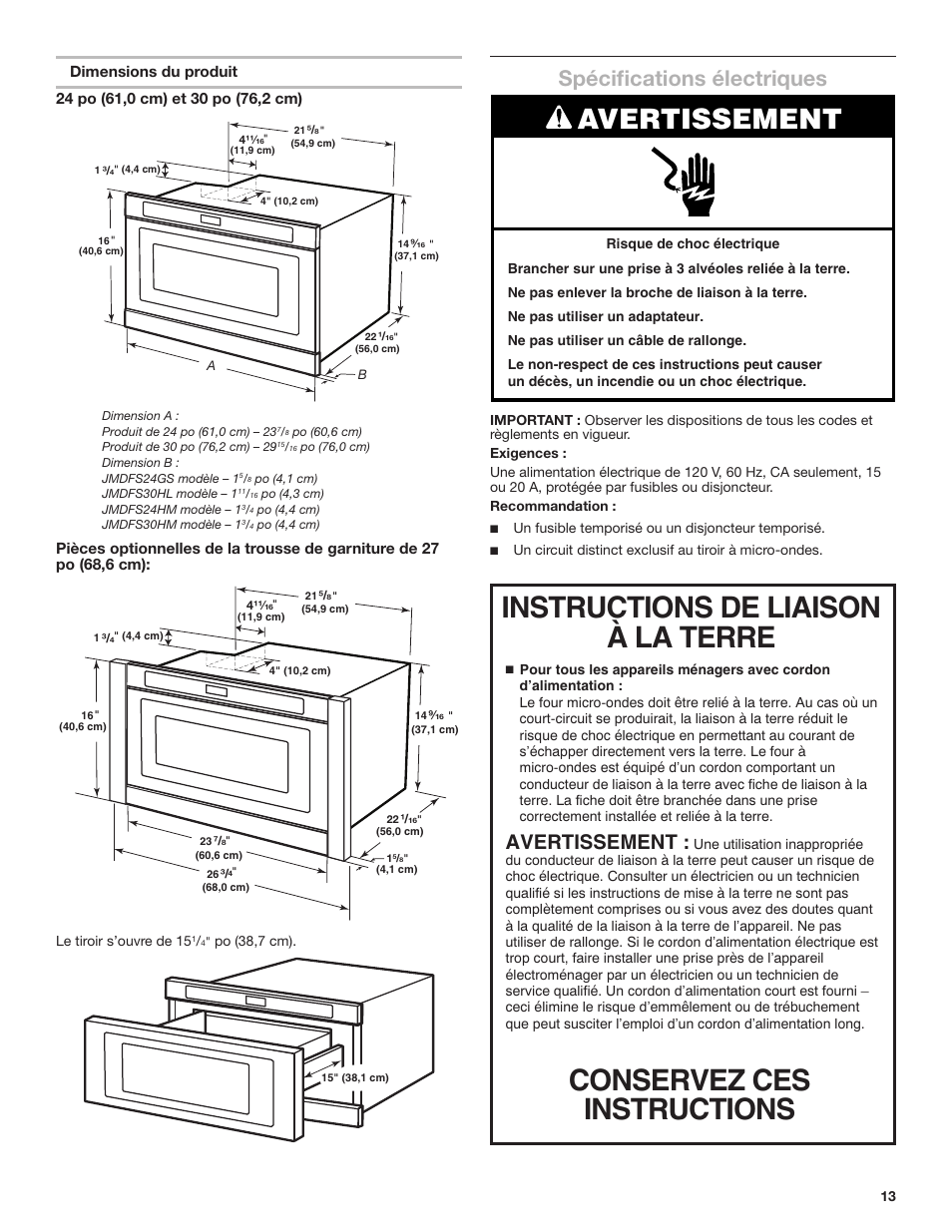 Avertissement, Spécifications électriques | JennAir Noir 24 Inch Undercounter Microwave Oven Installation Guide User Manual | Page 13 / 20