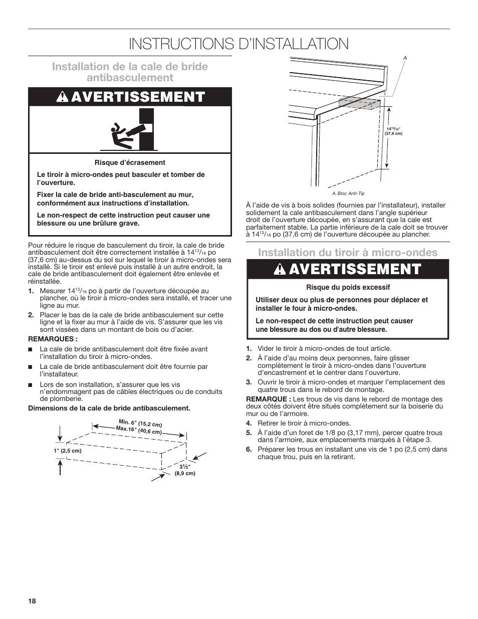 Instructions d’installation, Avertissement, Installation de la cale de bride antibasculement | Installation du tiroir à micro-ondes | JennAir Noir 24 Inch Undercounter Microwave Oven Installation Guide User Manual | Page 18 / 20