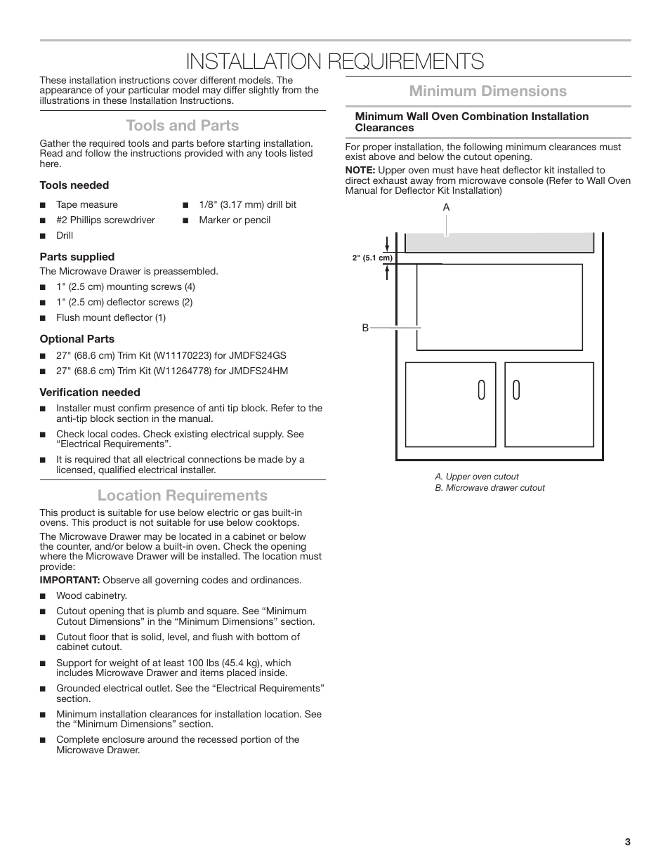 Installation requirements, Tools and parts, Location requirements | Minimum dimensions | JennAir Noir 24 Inch Undercounter Microwave Oven Installation Guide User Manual | Page 3 / 20