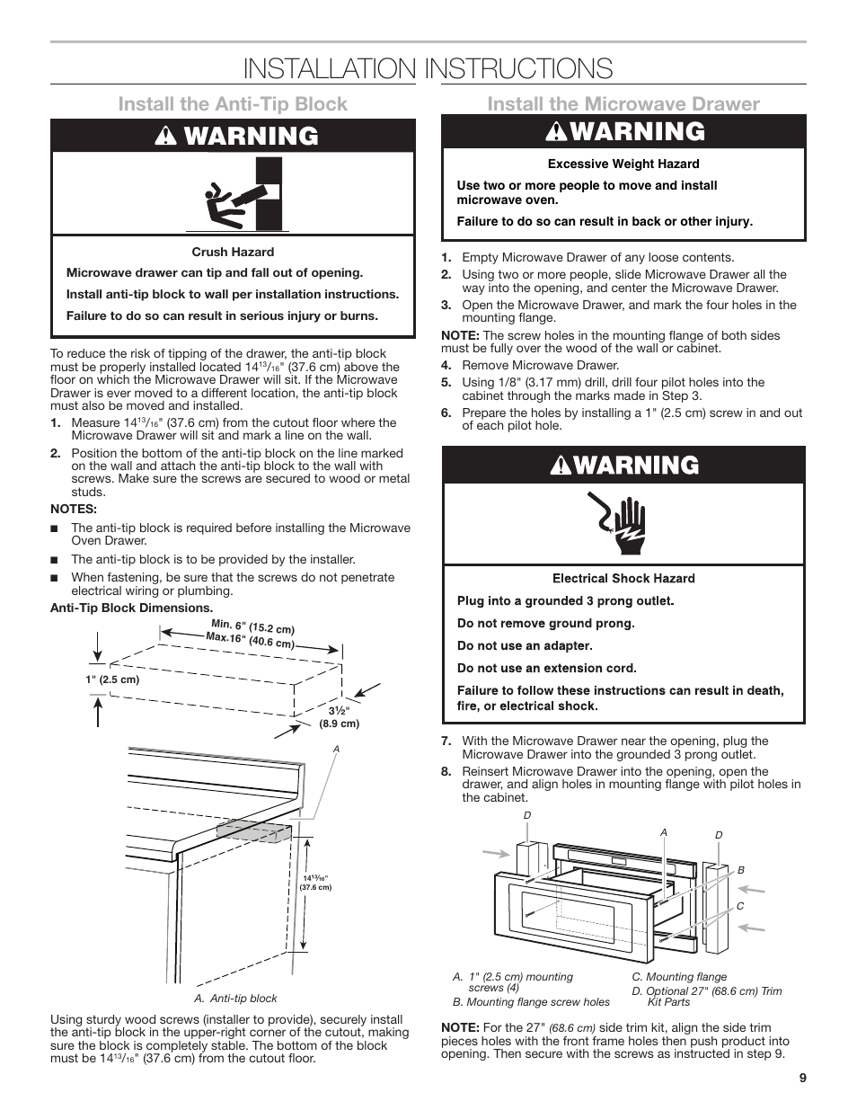 Installation instructions, Warning, Install the anti-tip block | Install the microwave drawer | JennAir Noir 24 Inch Undercounter Microwave Oven Installation Guide User Manual | Page 9 / 20