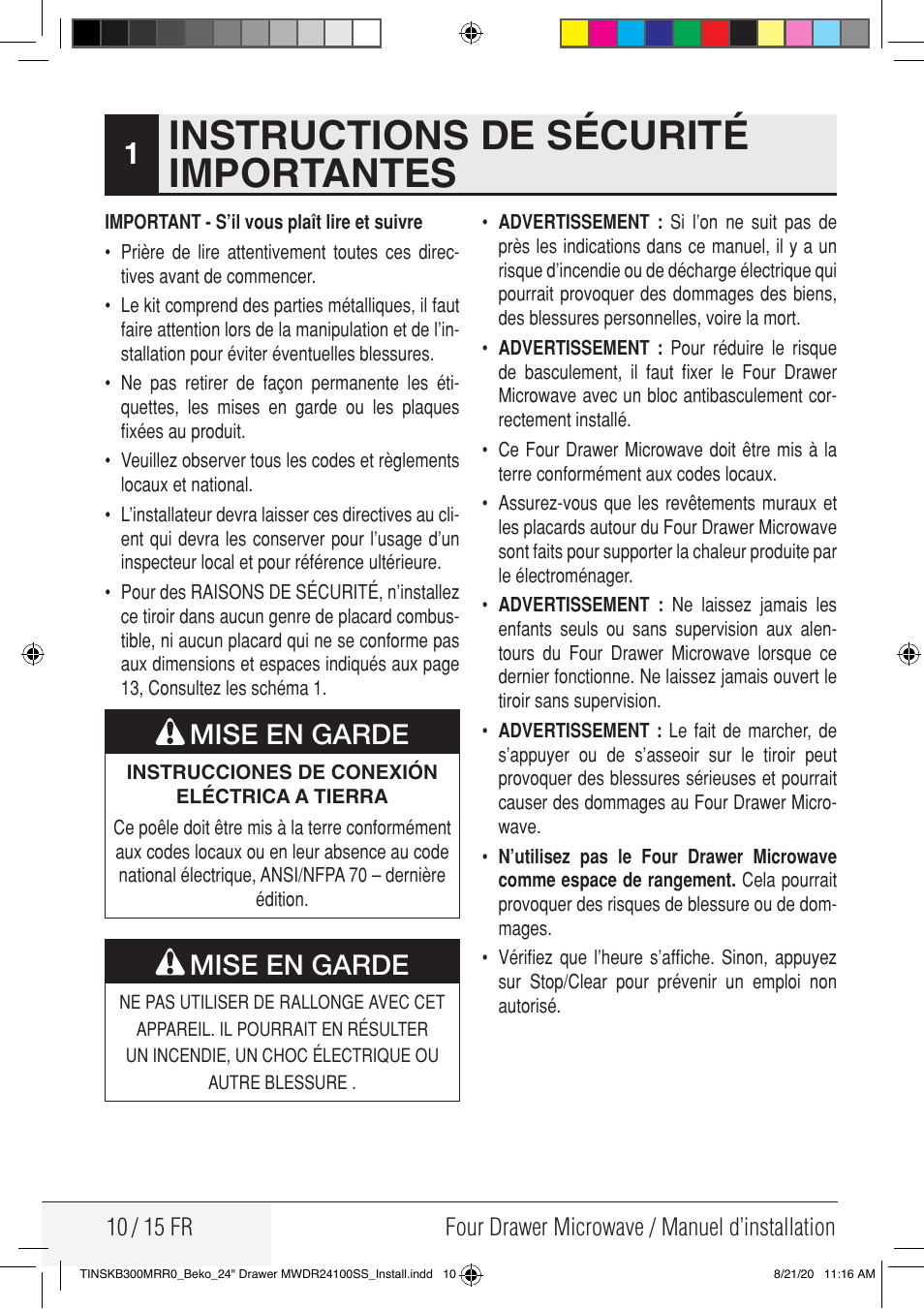 Instructions de sécurité importantes, Mise en garde | Beko 24 Inch Built-in Microwave Drawer Installation Guide User Manual | Page 10 / 16