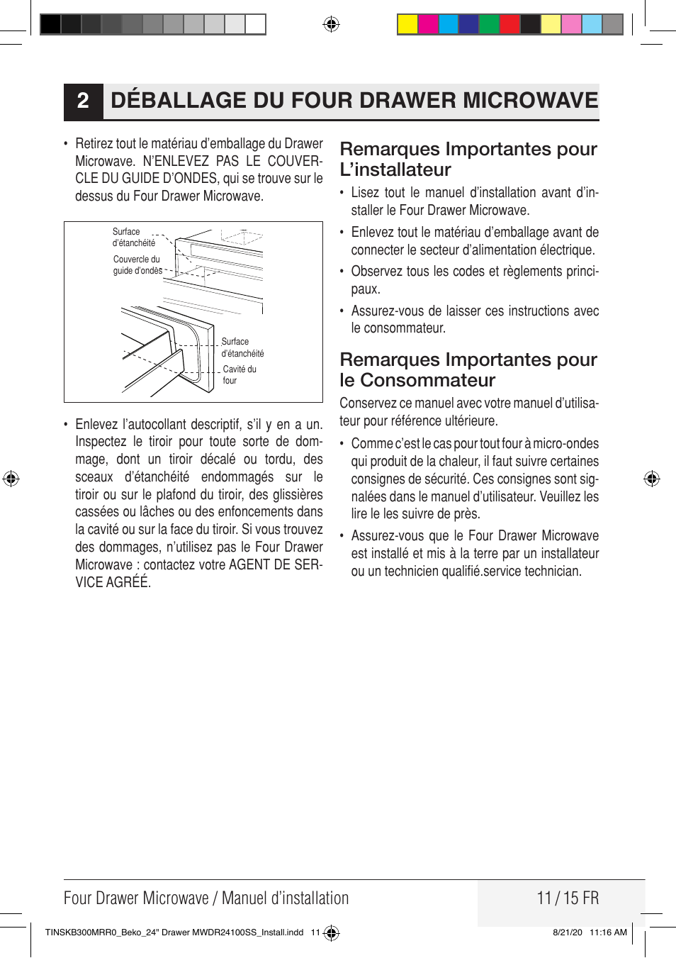 Déballage du four drawer microwave 2, Remarques importantes pour l’installateur, Remarques importantes pour le consommateur | Beko 24 Inch Built-in Microwave Drawer Installation Guide User Manual | Page 11 / 16