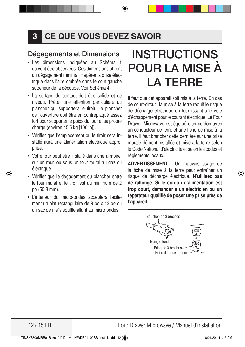 Instructions pour la mise à la terre, Ce que vous devez savoir 3, Dégagements et dimensions | Beko 24 Inch Built-in Microwave Drawer Installation Guide User Manual | Page 12 / 16