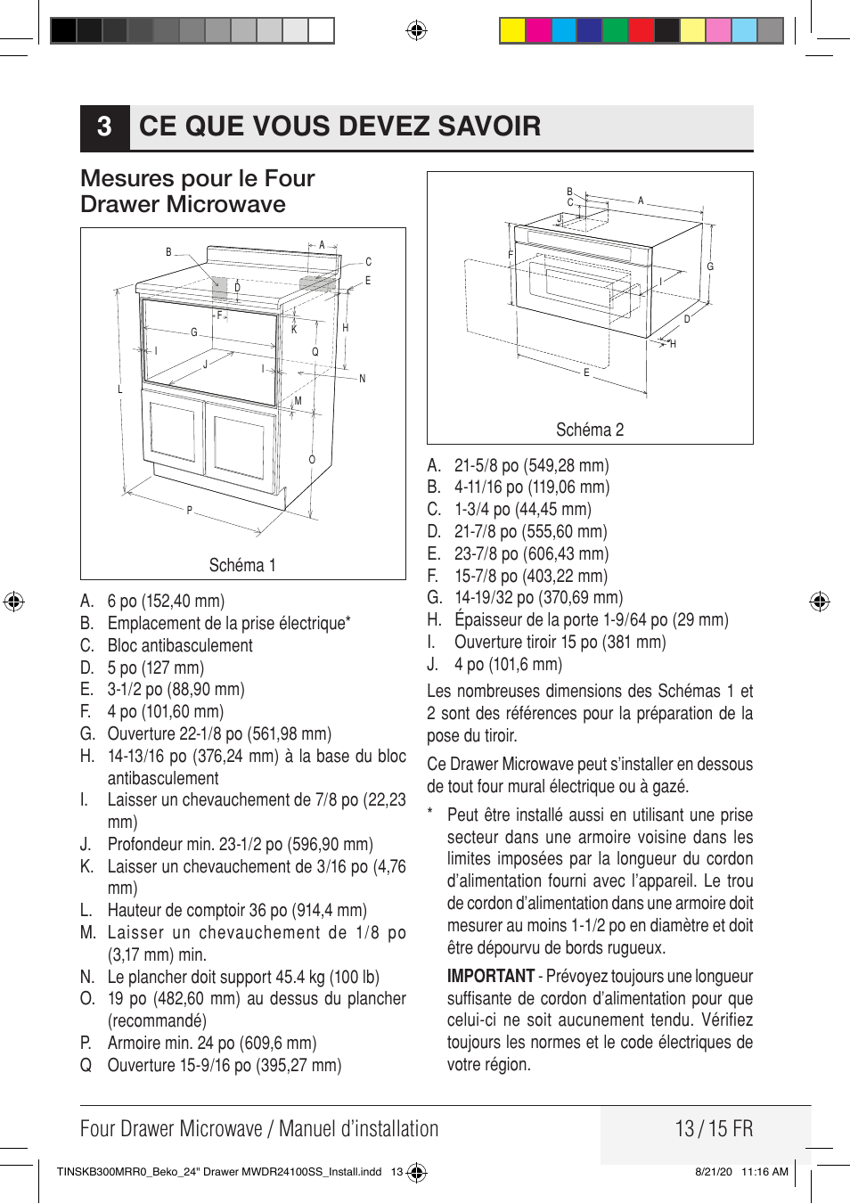 Instructions pour la mise à la terre, Ce que vous devez savoir 3, Mesures pour le four drawer microwave | Beko 24 Inch Built-in Microwave Drawer Installation Guide User Manual | Page 13 / 16