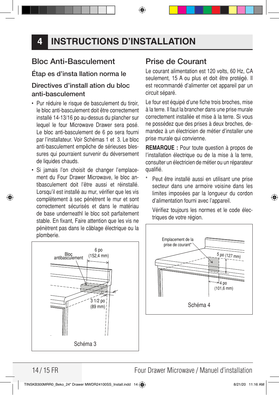 Instructions d’installation 4, Bloc anti-basculement, Prise de courant | Beko 24 Inch Built-in Microwave Drawer Installation Guide User Manual | Page 14 / 16
