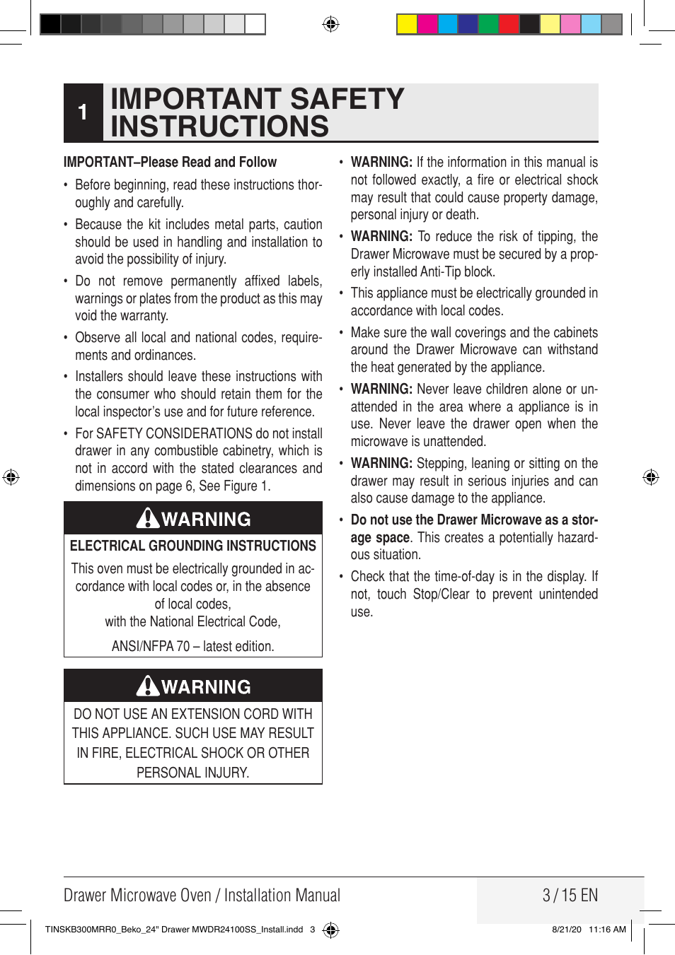 Important safety instructions | Beko 24 Inch Built-in Microwave Drawer Installation Guide User Manual | Page 3 / 16