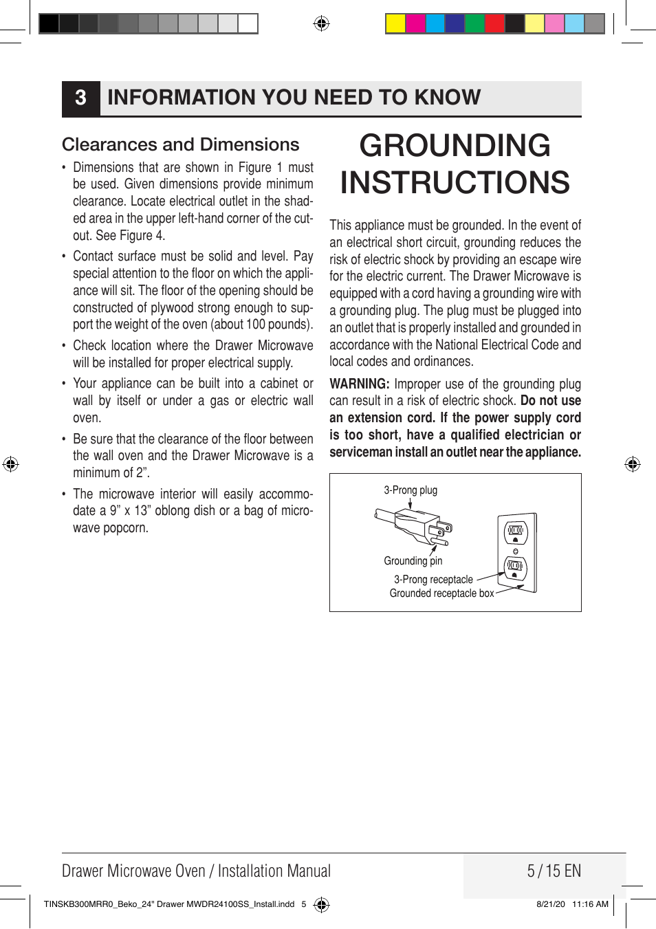 Grounding instructions, Information you need to know 3, Clearances and dimensions | Beko 24 Inch Built-in Microwave Drawer Installation Guide User Manual | Page 5 / 16