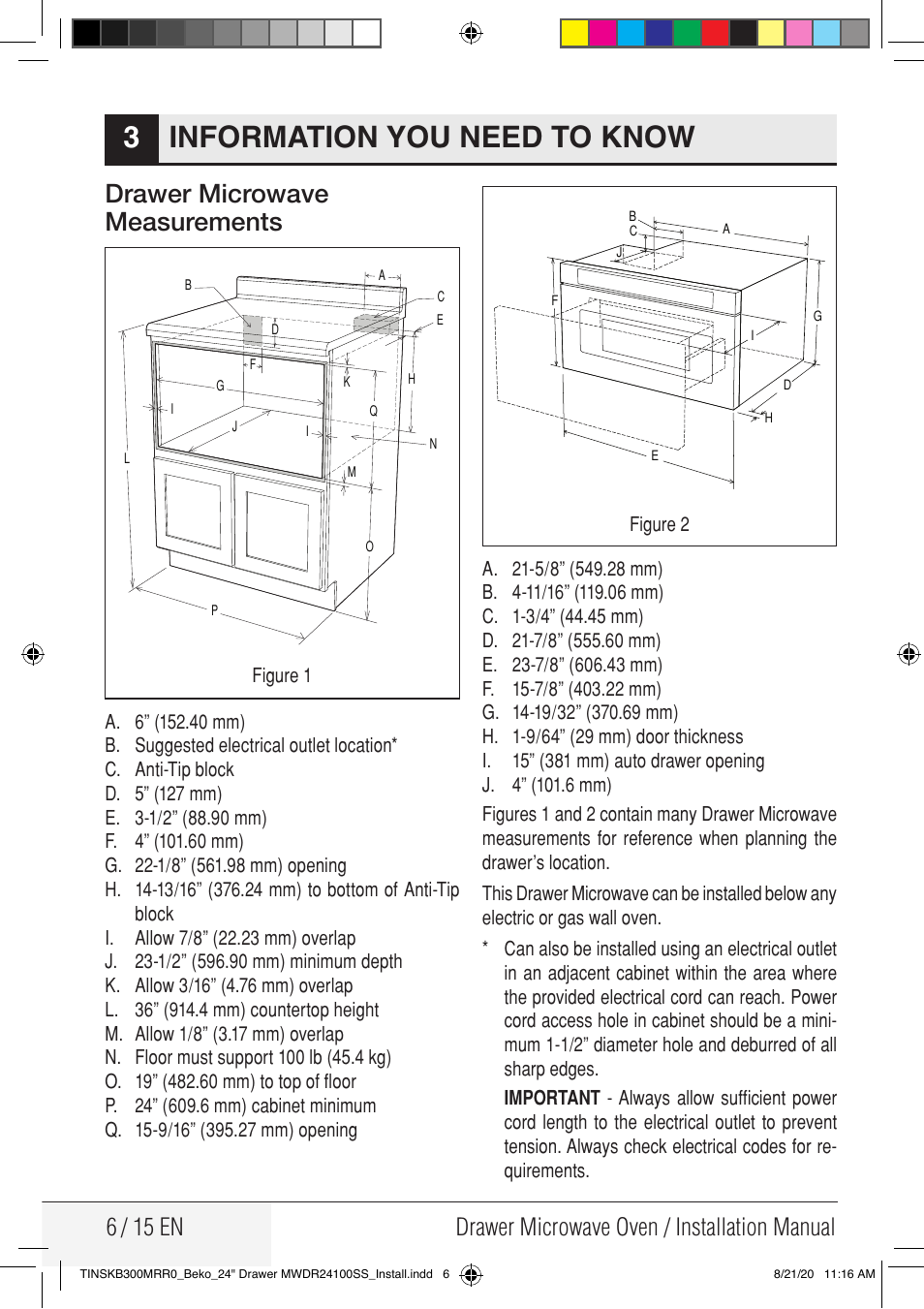 Information you need to know 3, Drawer microwave measurements | Beko 24 Inch Built-in Microwave Drawer Installation Guide User Manual | Page 6 / 16