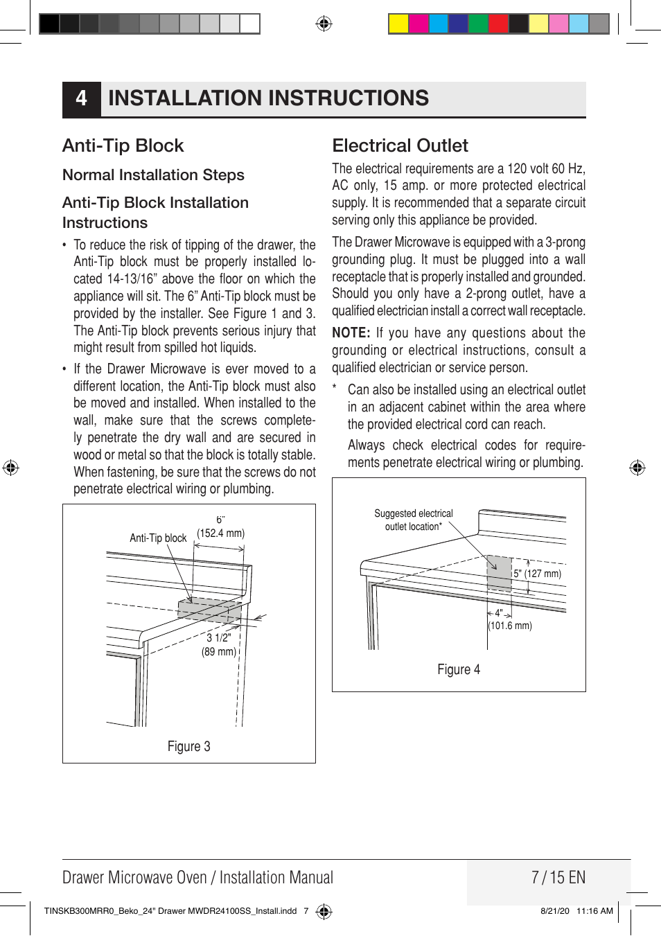 Installation instructions 4, Anti-tip block, Electrical outlet | Beko 24 Inch Built-in Microwave Drawer Installation Guide User Manual | Page 7 / 16