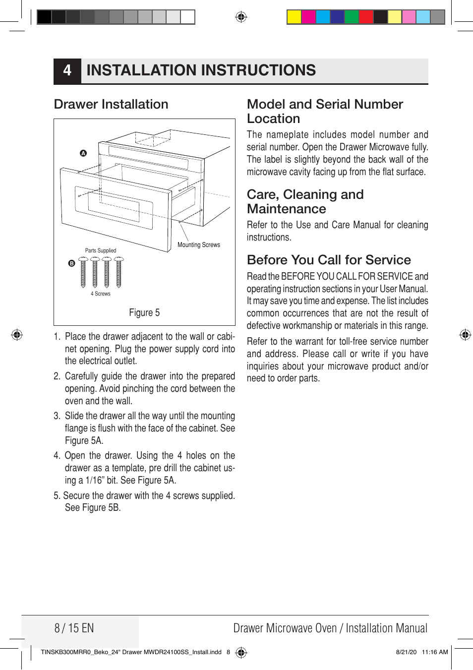 Installation instructions 4, Drawer installation, Model and serial number location | Care, cleaning and maintenance, Before you call for service | Beko 24 Inch Built-in Microwave Drawer Installation Guide User Manual | Page 8 / 16