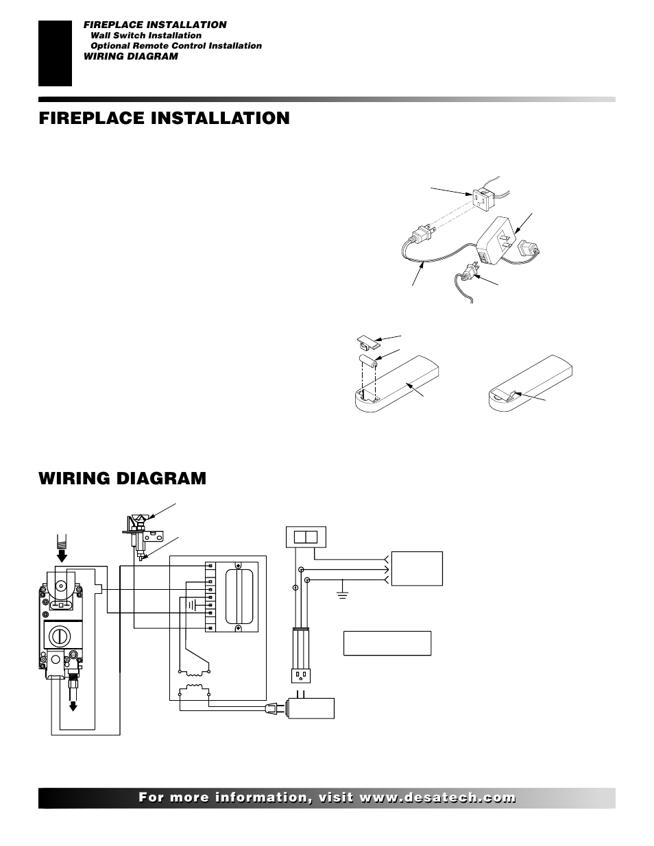 Wiring diagram, Fireplace installation, Continued | Optional remote control installation (model wrc), Wall switch installation | Desa V)V36EN User Manual | Page 24 / 40