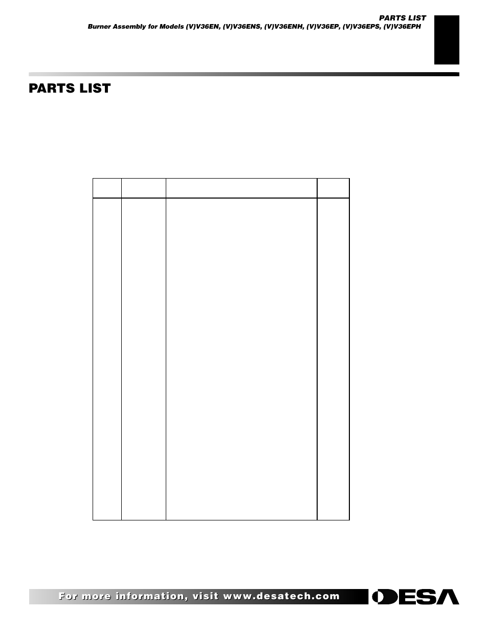 Parts list | Desa V)V36EN User Manual | Page 35 / 40
