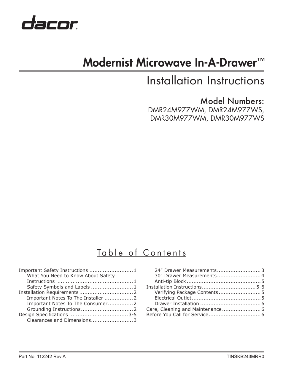 Dacor Contemporary 24 Inch Microwave Drawer Install Guide User Manual | 15 pages