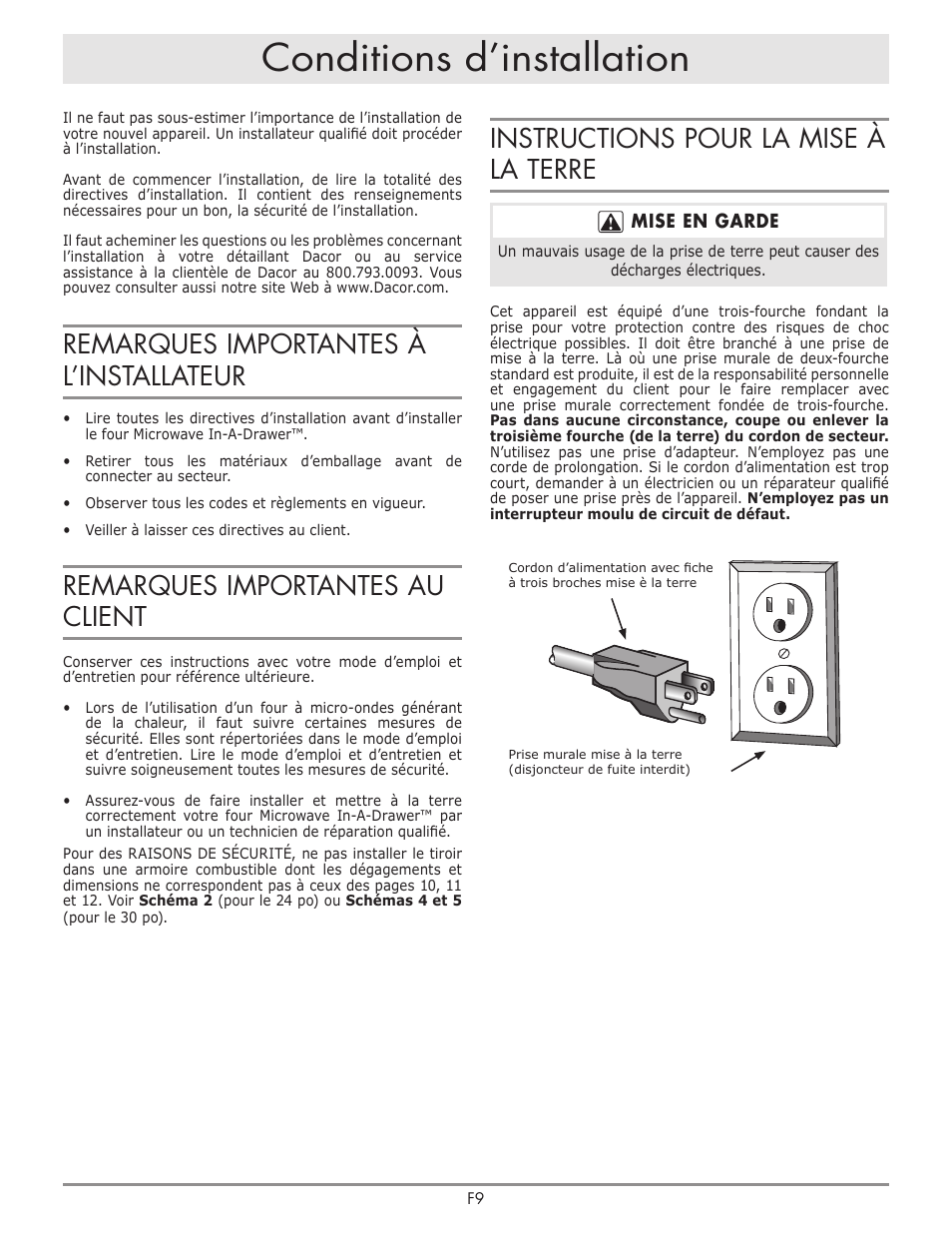 Conditions d’installation, Instructions pour la mise à la terre, Remarques importantes à l’installateur | Remarques importantes au client | Dacor Contemporary 24 Inch Microwave Drawer Install Guide User Manual | Page 10 / 15