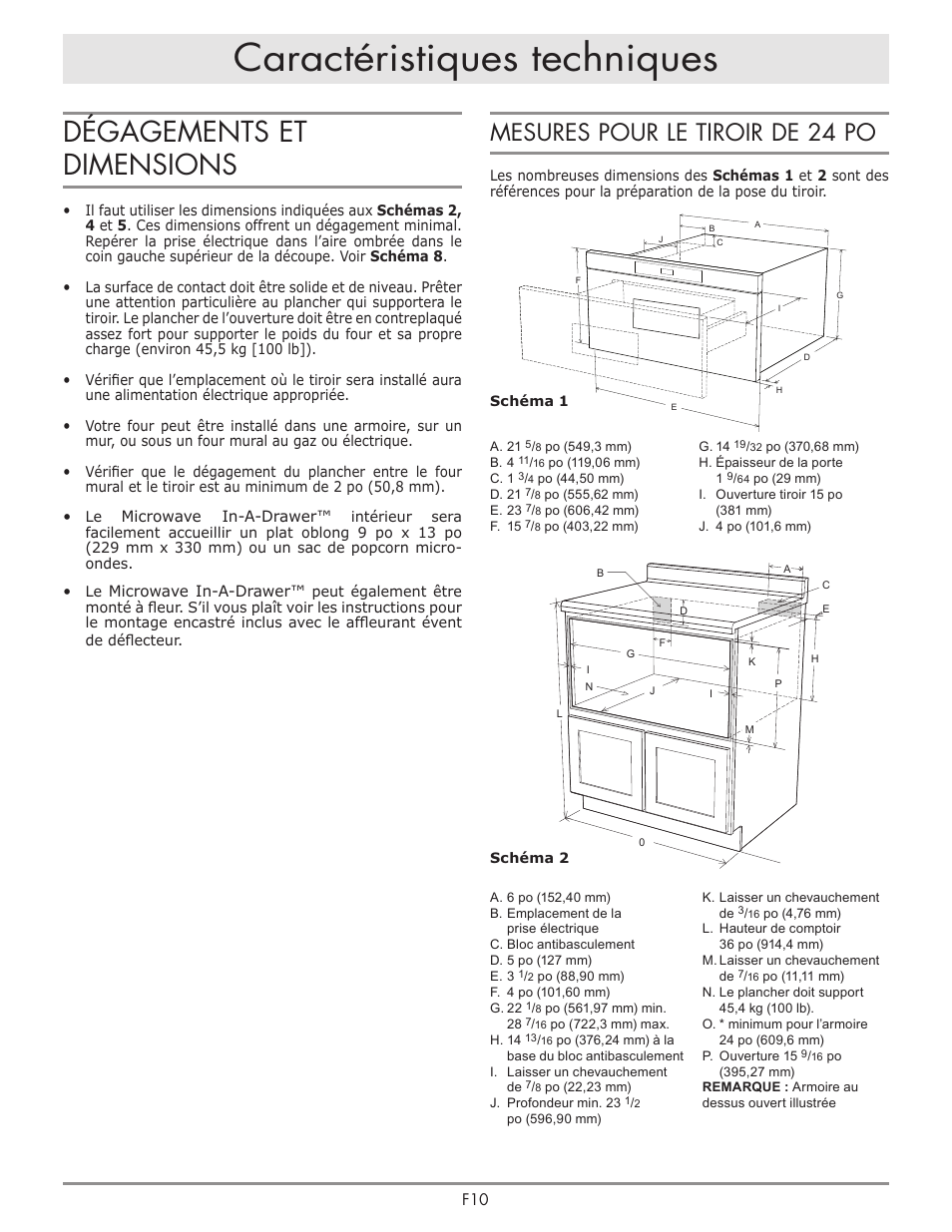 Caractéristiques techniques, Dégagements et dimensions, Mesures pour le tiroir de 24 po | Microwave in-a-drawer | Dacor Contemporary 24 Inch Microwave Drawer Install Guide User Manual | Page 11 / 15