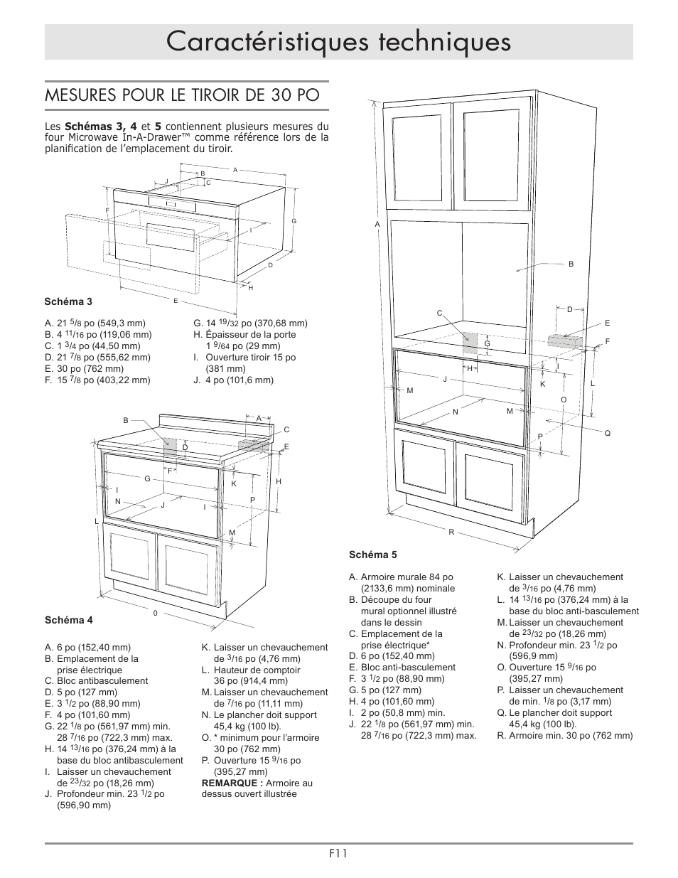 Caractéristiques techniques, Mesures pour le tiroir de 30 po | Dacor Contemporary 24 Inch Microwave Drawer Install Guide User Manual | Page 12 / 15