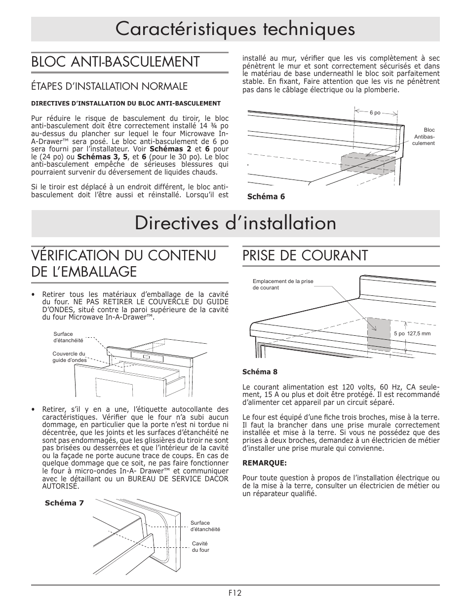 Caractéristiques techniques, Directives d’installation, Bloc anti-basculement | Vérification du contenu de l’emballage, Prise de courant, Étapes d’installation normale | Dacor Contemporary 24 Inch Microwave Drawer Install Guide User Manual | Page 13 / 15