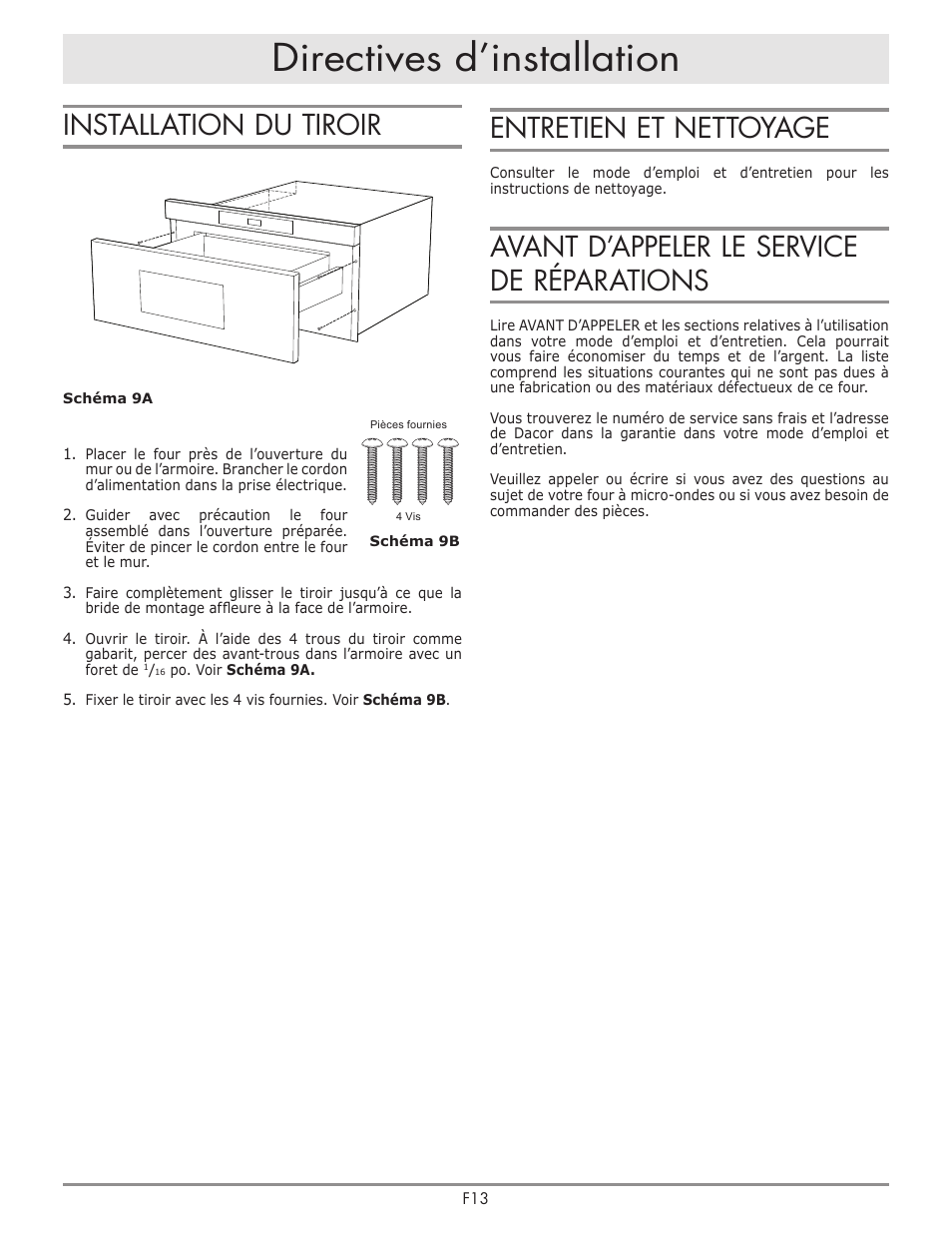 Directives d’installation, Entretien et nettoyage, Avant d’appeler le service de réparations | Installation du tiroir | Dacor Contemporary 24 Inch Microwave Drawer Install Guide User Manual | Page 14 / 15