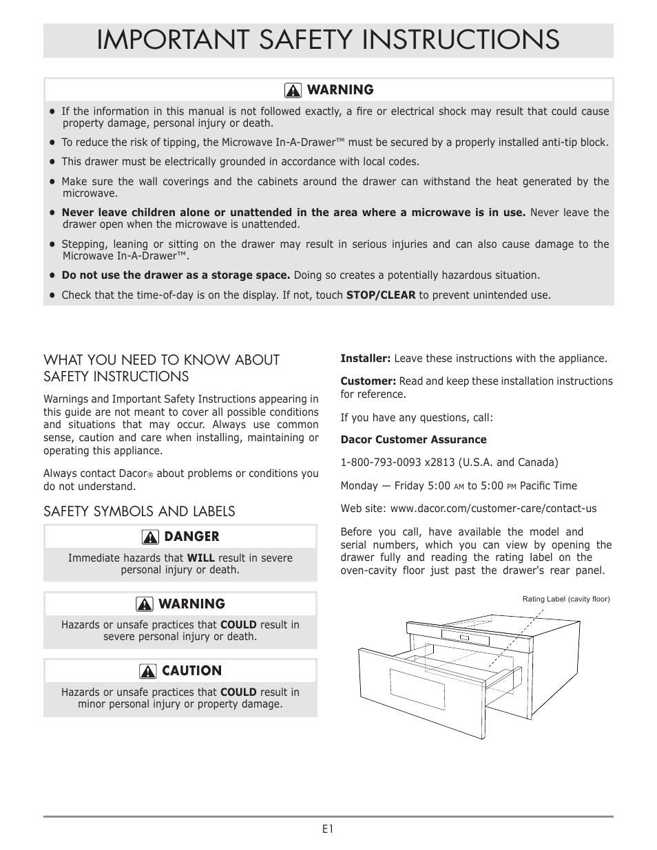 Important safety instructions, What you need to know about safety instructions, Safety symbols and labels | Dacor Contemporary 24 Inch Microwave Drawer Install Guide User Manual | Page 2 / 15