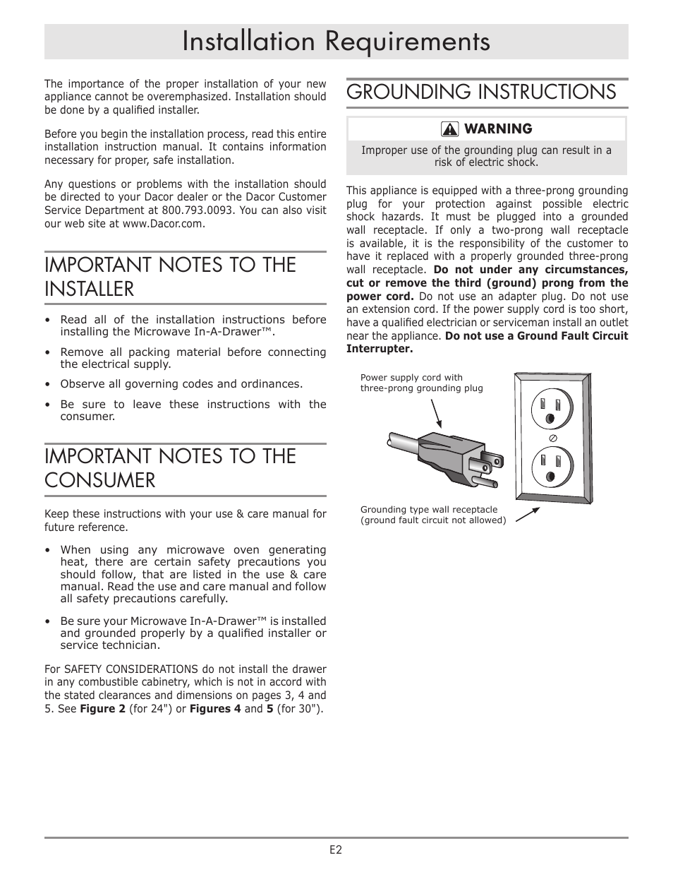 Installation requirements, Grounding instructions | Dacor Contemporary 24 Inch Microwave Drawer Install Guide User Manual | Page 3 / 15