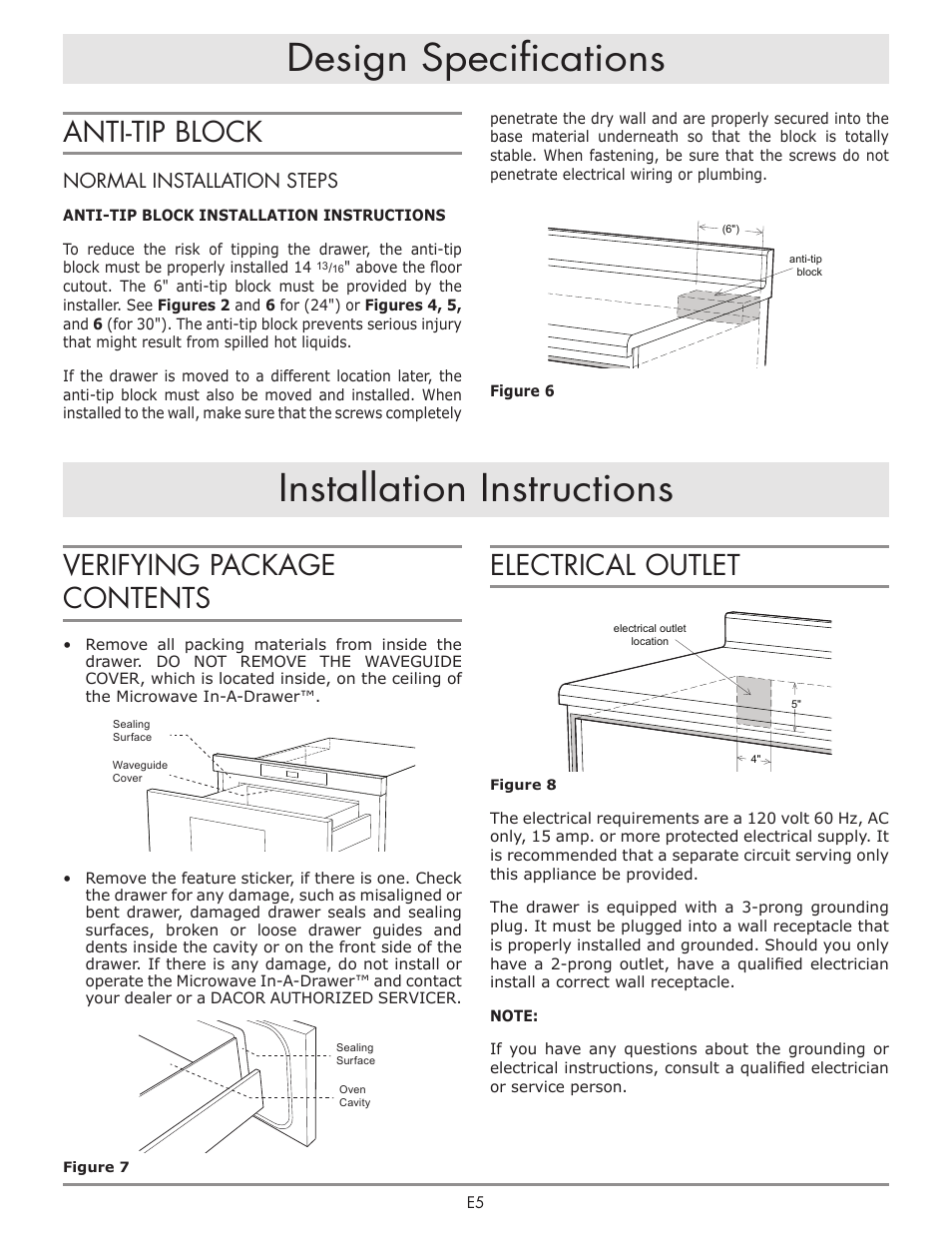 Design specifications, Installation instructions, Anti-tip block | Verifying package contents, Electrical outlet, Normal installation steps | Dacor Contemporary 24 Inch Microwave Drawer Install Guide User Manual | Page 6 / 15