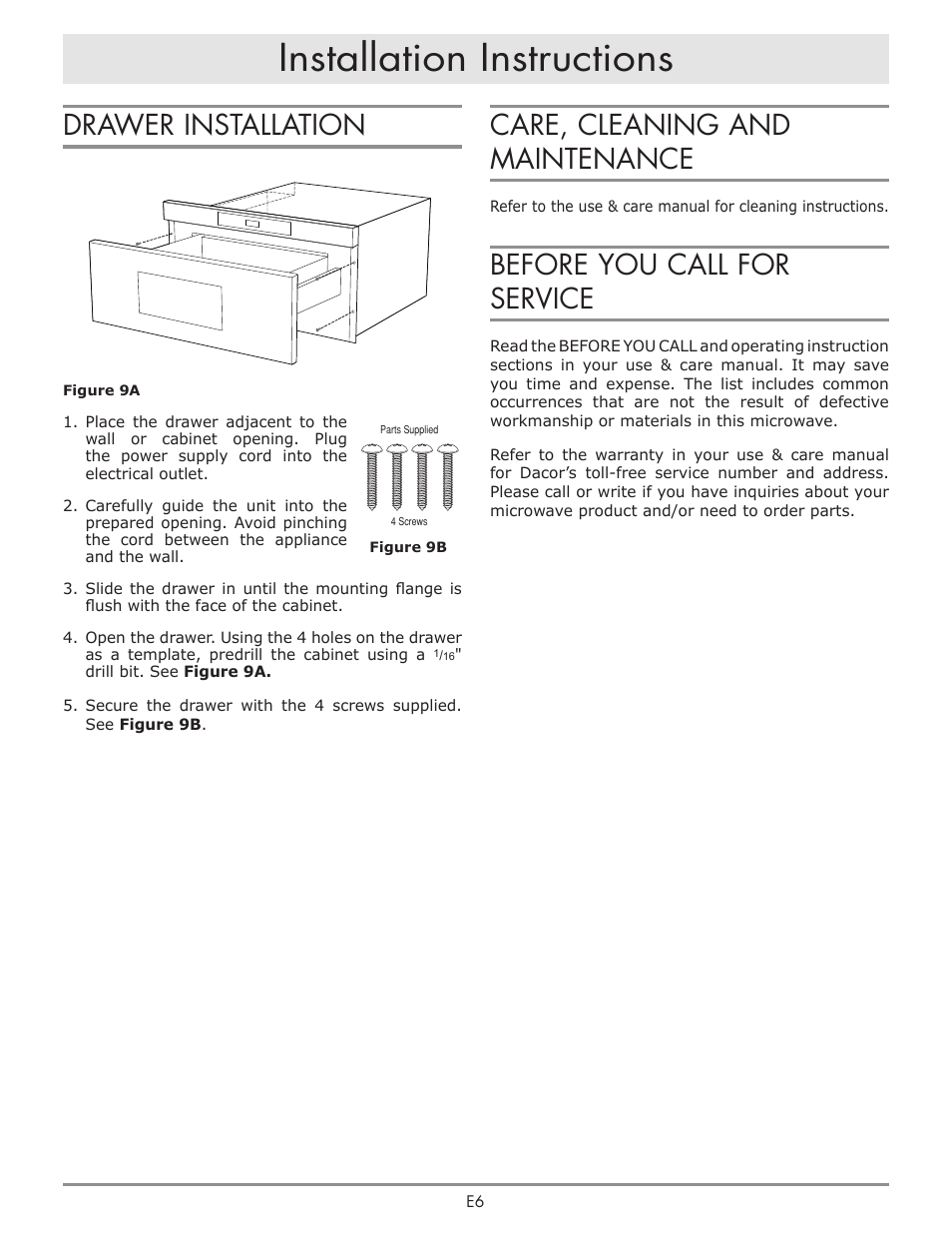 Installation instructions, Care, cleaning and maintenance, Before you call for service | Drawer installation | Dacor Contemporary 24 Inch Microwave Drawer Install Guide User Manual | Page 7 / 15