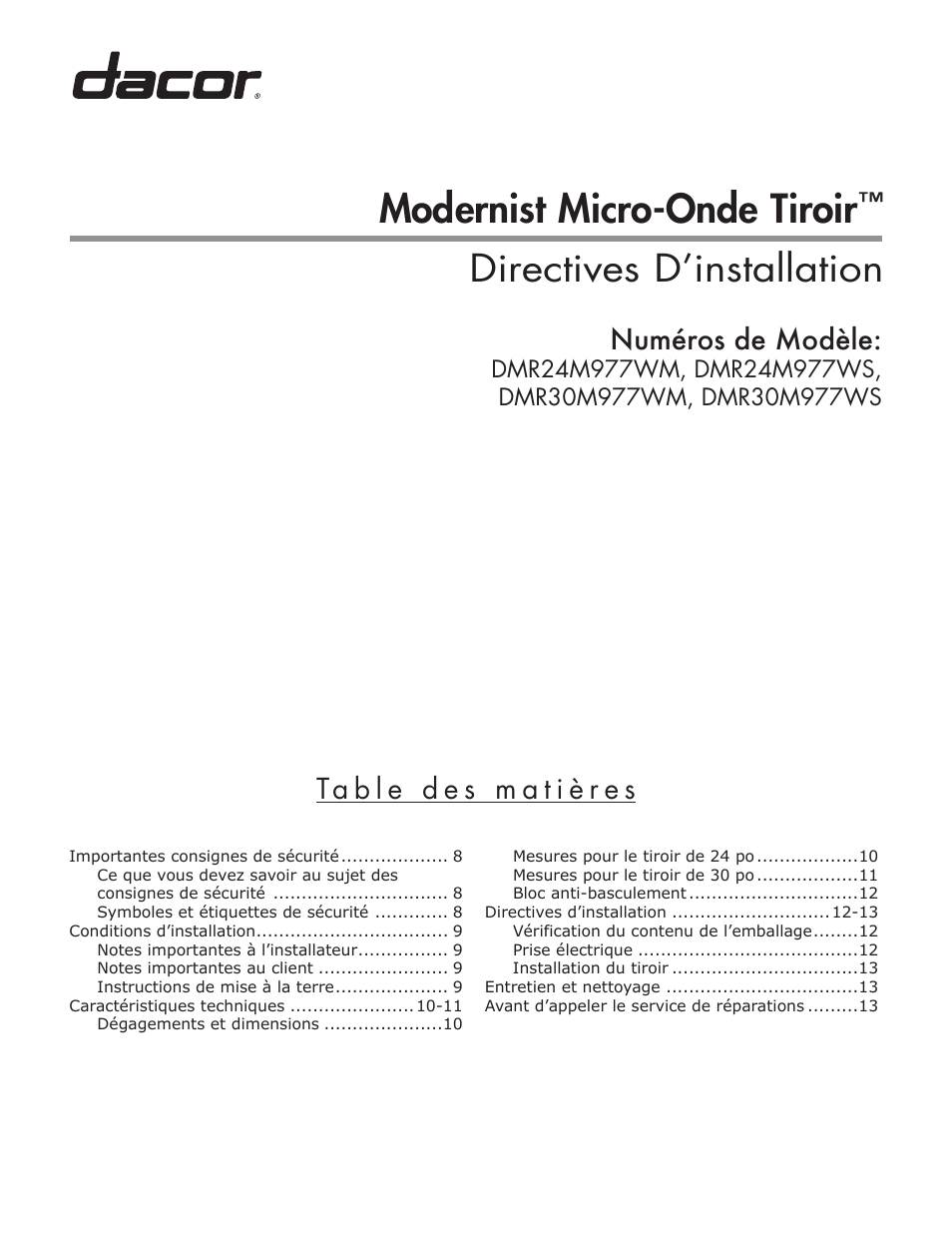 Modernist micro-onde tiroir, Directives d’installation | Dacor Contemporary 24 Inch Microwave Drawer Install Guide User Manual | Page 8 / 15