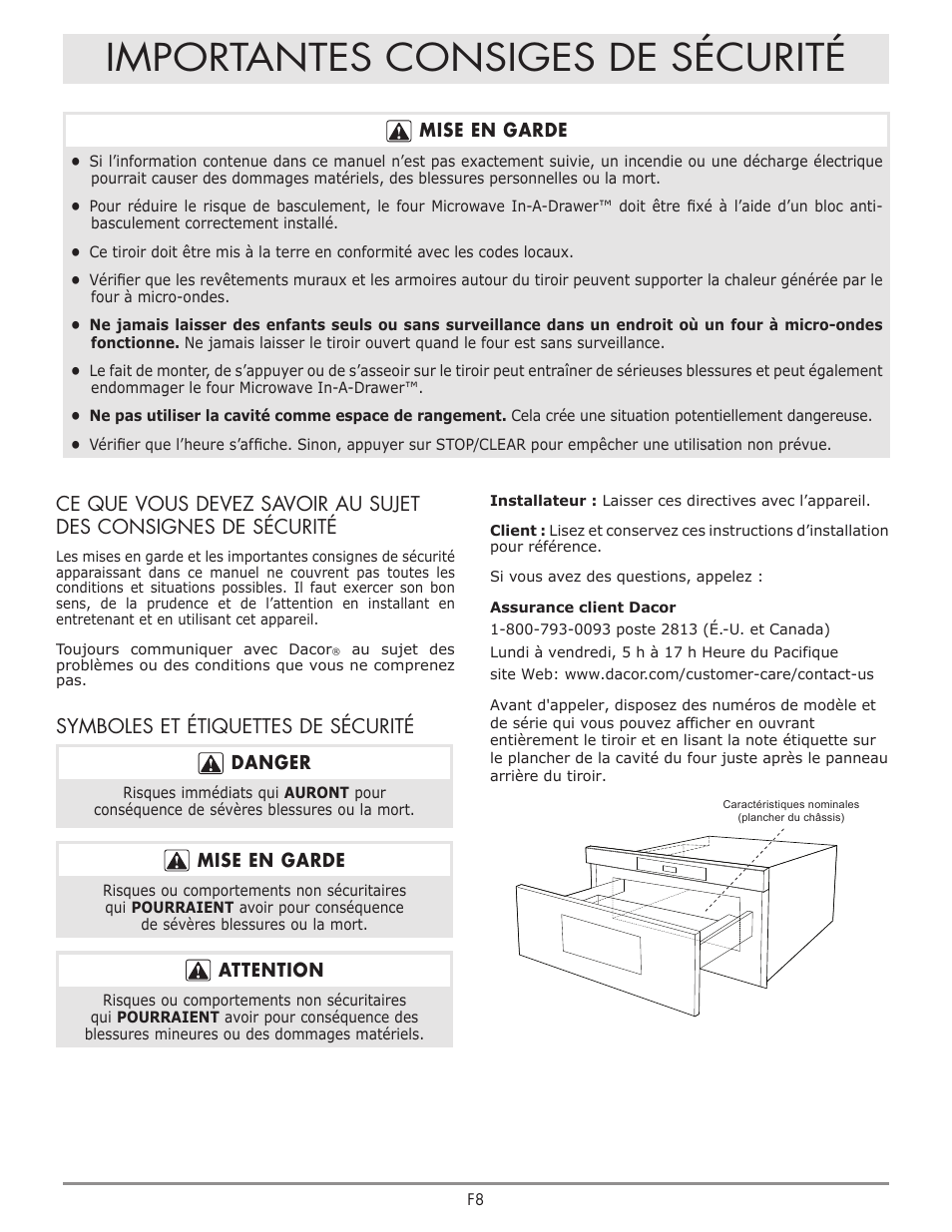 Importantes consiges de sécurité, Symboles et étiquettes de sécurité | Dacor Contemporary 24 Inch Microwave Drawer Install Guide User Manual | Page 9 / 15
