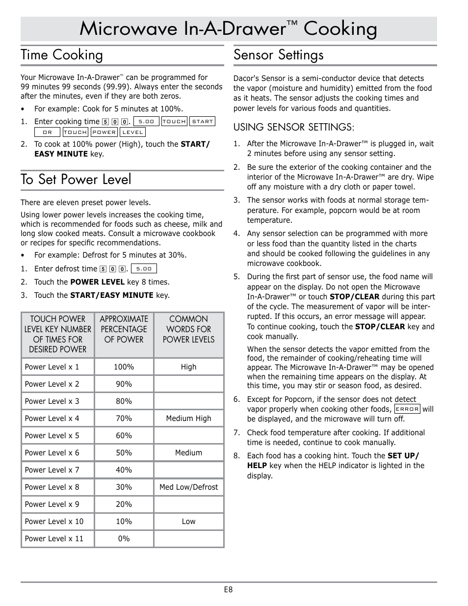 Microwave in-a-drawer, Cooking, Time cooking | Sensor settings | Dacor Contemporary 24 Inch Microwave Drawer User Guide User Manual | Page 10 / 46