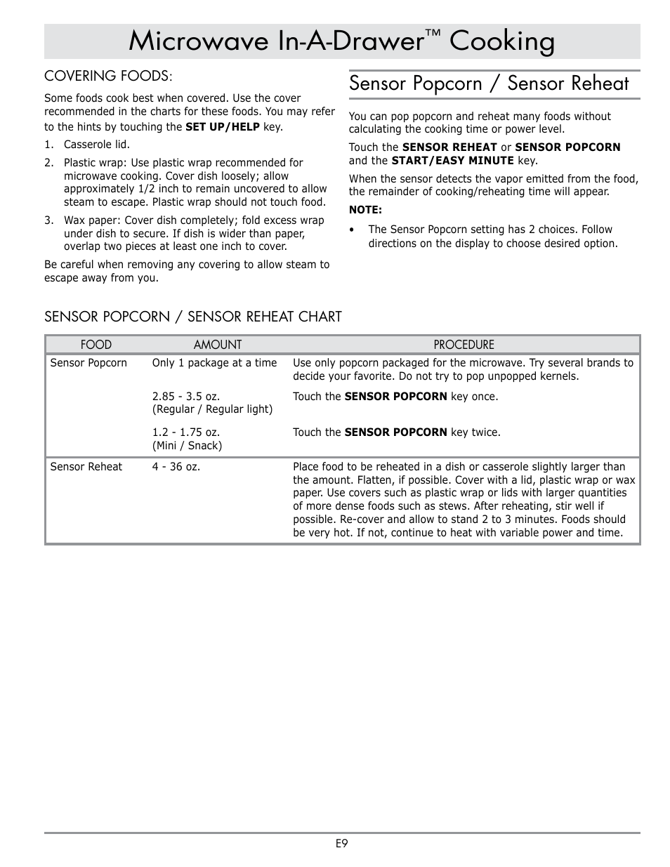 Microwave in-a-drawer, Cooking, Sensor popcorn / sensor reheat | Dacor Contemporary 24 Inch Microwave Drawer User Guide User Manual | Page 11 / 46