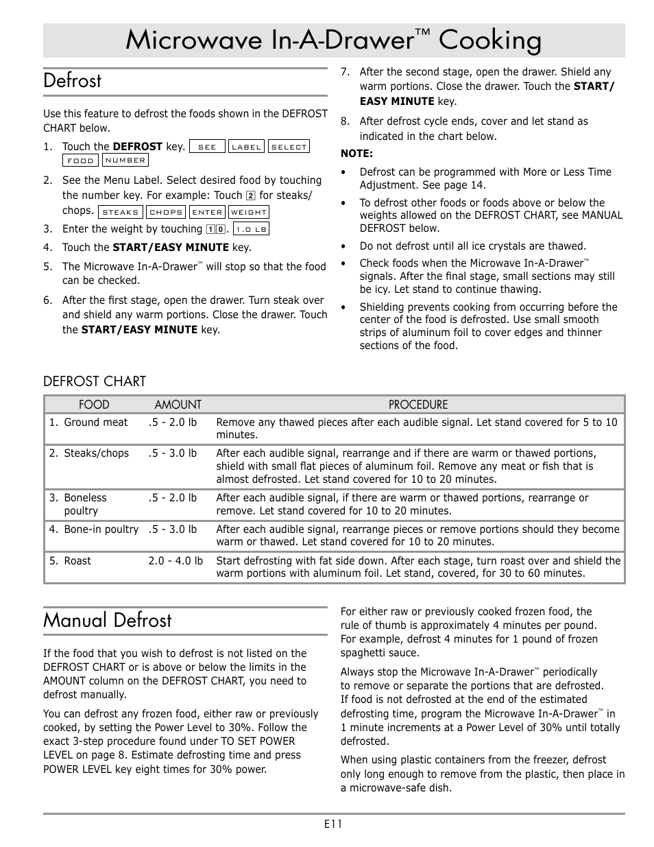 Microwave in-a-drawer, Cooking, Defrost | Manual defrost, Defrost chart | Dacor Contemporary 24 Inch Microwave Drawer User Guide User Manual | Page 13 / 46