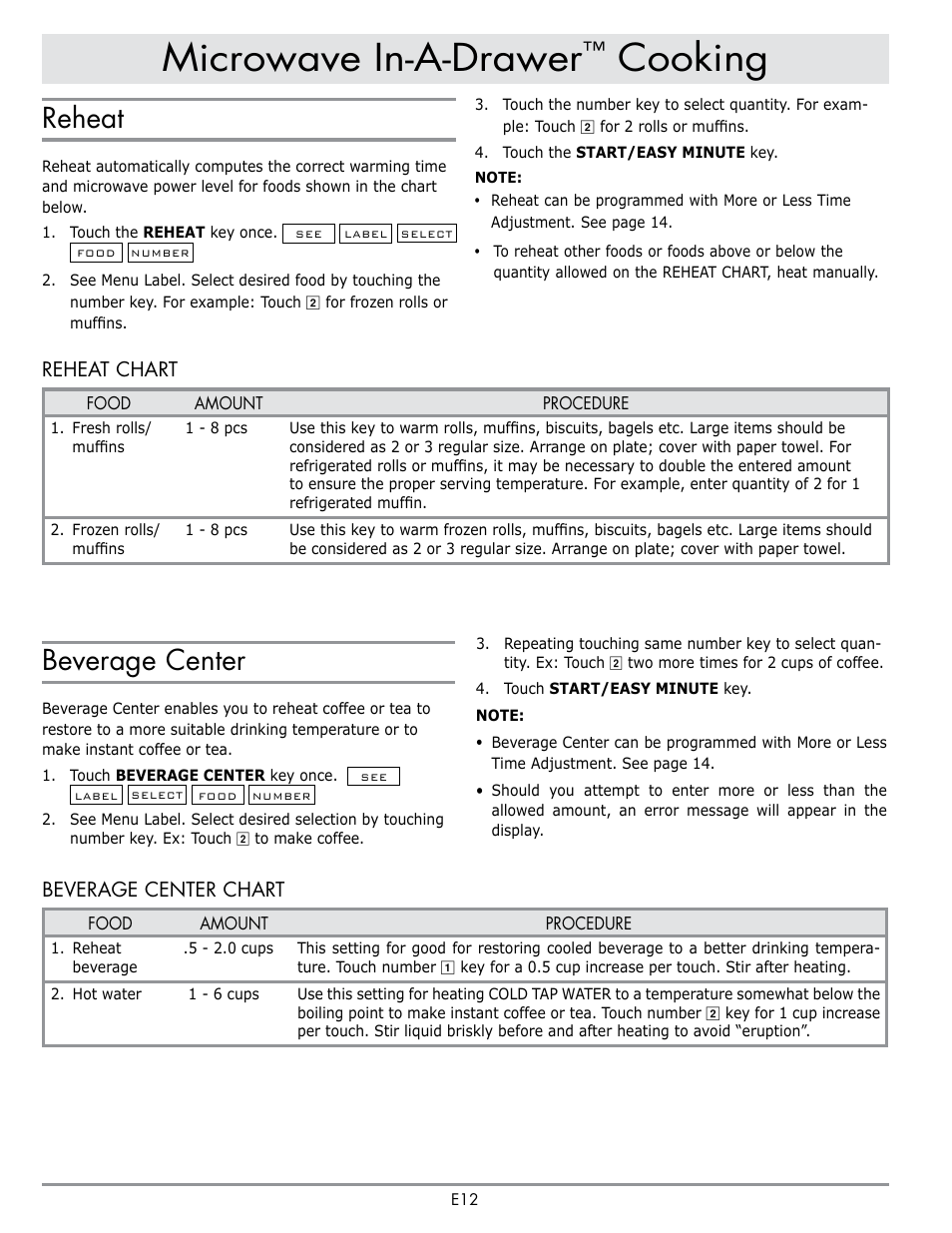 Microwave in-a-drawer, Cooking, Reheat | Beverage center | Dacor Contemporary 24 Inch Microwave Drawer User Guide User Manual | Page 14 / 46