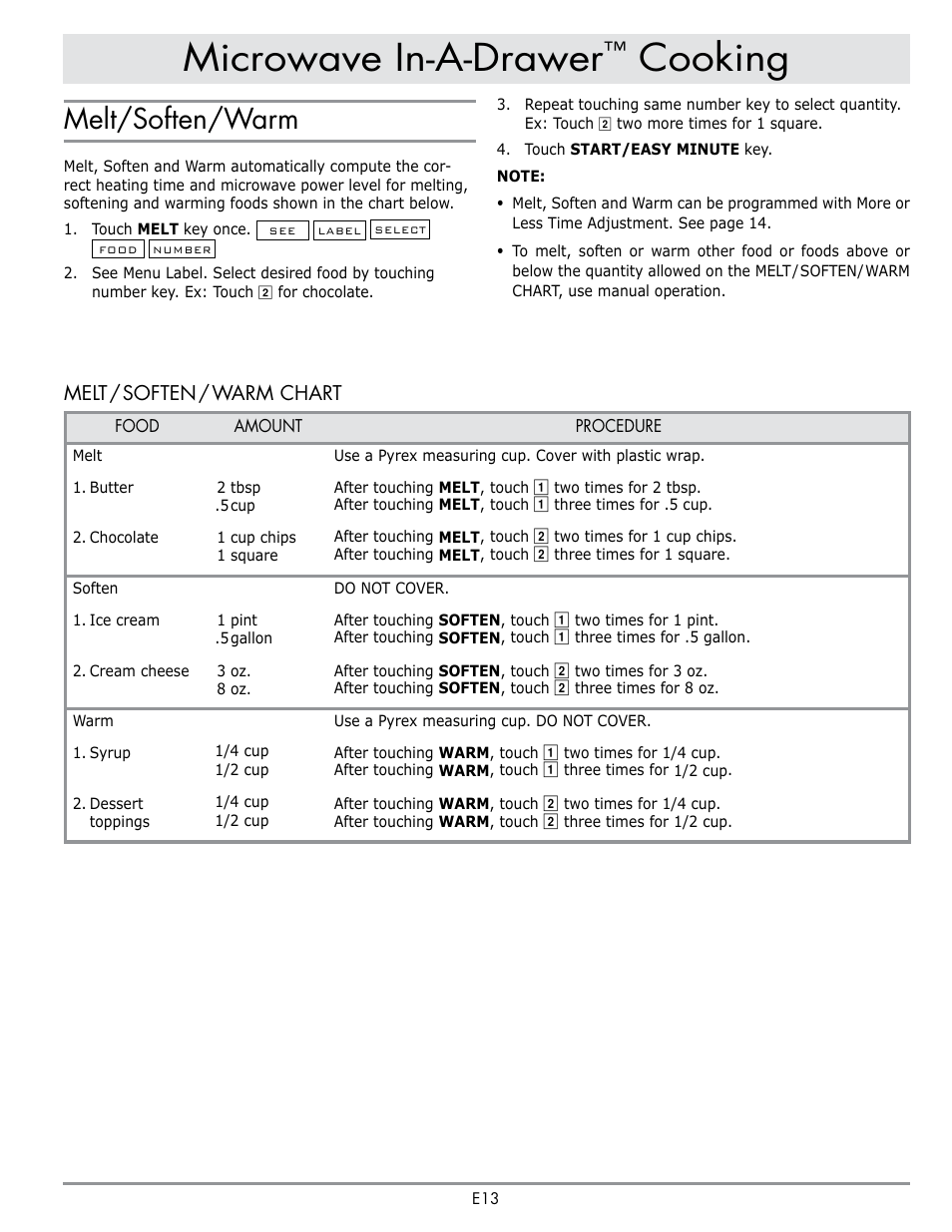 Microwave in-a-drawer, Cooking, Melt/soften/warm | Dacor Contemporary 24 Inch Microwave Drawer User Guide User Manual | Page 15 / 46