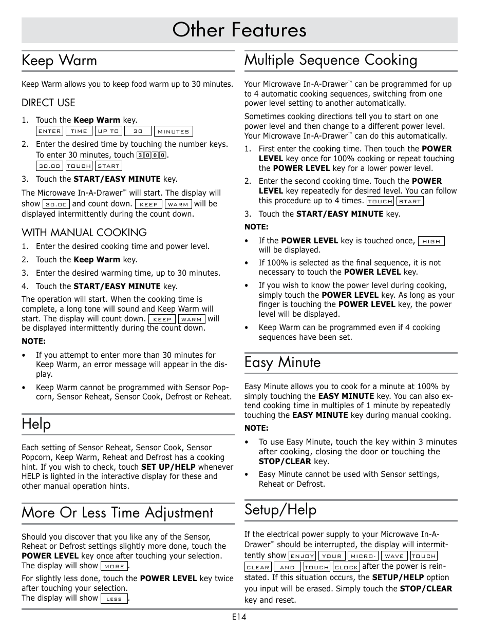 Heading, Other features, Keep warm | Help, More or less time adjustment, Multiple sequence cooking, Easy minute, Setup/help, Direct use, With manual cooking | Dacor Contemporary 24 Inch Microwave Drawer User Guide User Manual | Page 16 / 46