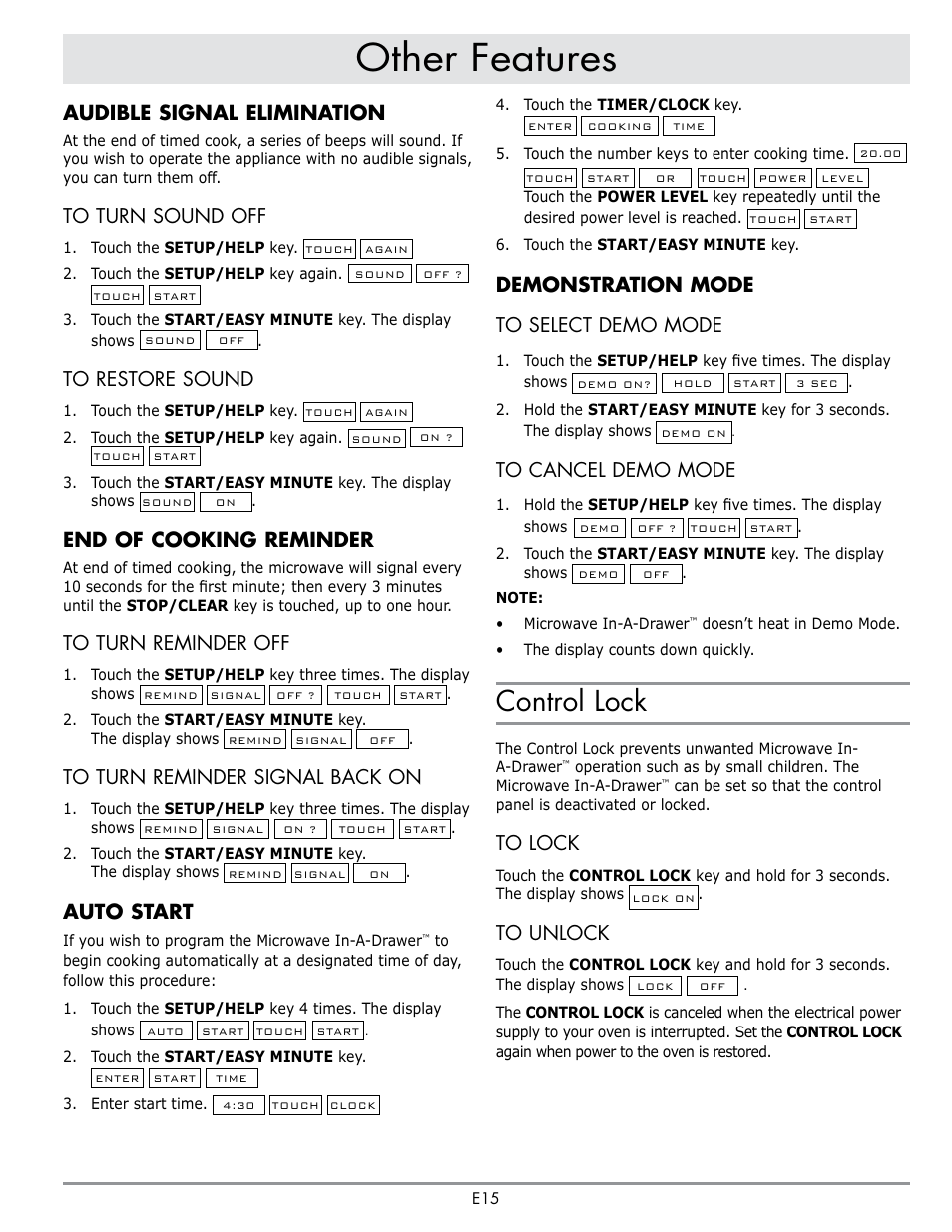 Heading other features, Control lock, Audible signal elimination | End of cooking reminder, Auto start, Demonstration mode | Dacor Contemporary 24 Inch Microwave Drawer User Guide User Manual | Page 17 / 46