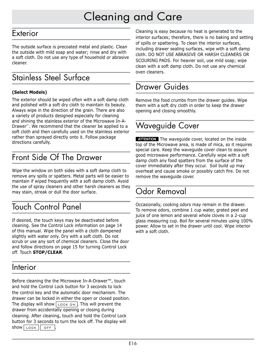 Heading, Cleaning and care, Exterior | Stainless steel surface, Front side of the drawer, Touch control panel, Interior, Drawer guides, Waveguide cover, Odor removal | Dacor Contemporary 24 Inch Microwave Drawer User Guide User Manual | Page 18 / 46