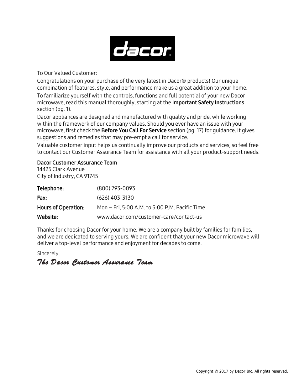 The dacor customer assurance team | Dacor Contemporary 24 Inch Microwave Drawer User Guide User Manual | Page 2 / 46