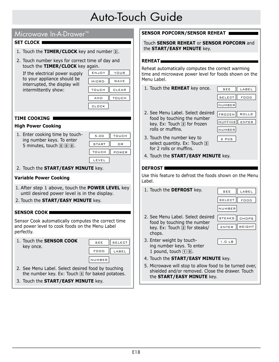 Heading, Auto-touch guide, Microwave in-a-drawer | Dacor Contemporary 24 Inch Microwave Drawer User Guide User Manual | Page 20 / 46