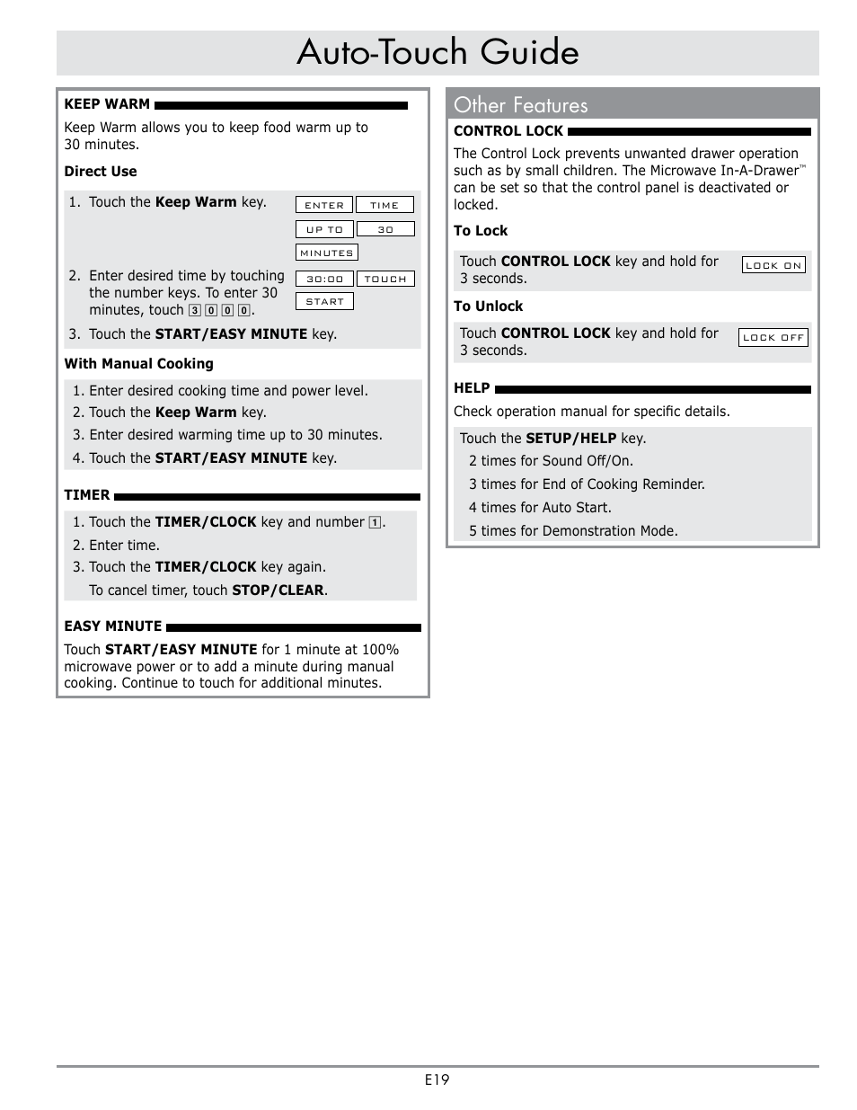 Heading, Auto-touch guide, Other features | Dacor Contemporary 24 Inch Microwave Drawer User Guide User Manual | Page 21 / 46