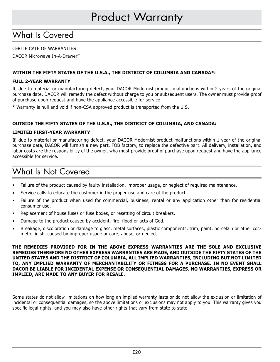 Heading, Product warranty, What is covered | What is not covered | Dacor Contemporary 24 Inch Microwave Drawer User Guide User Manual | Page 22 / 46