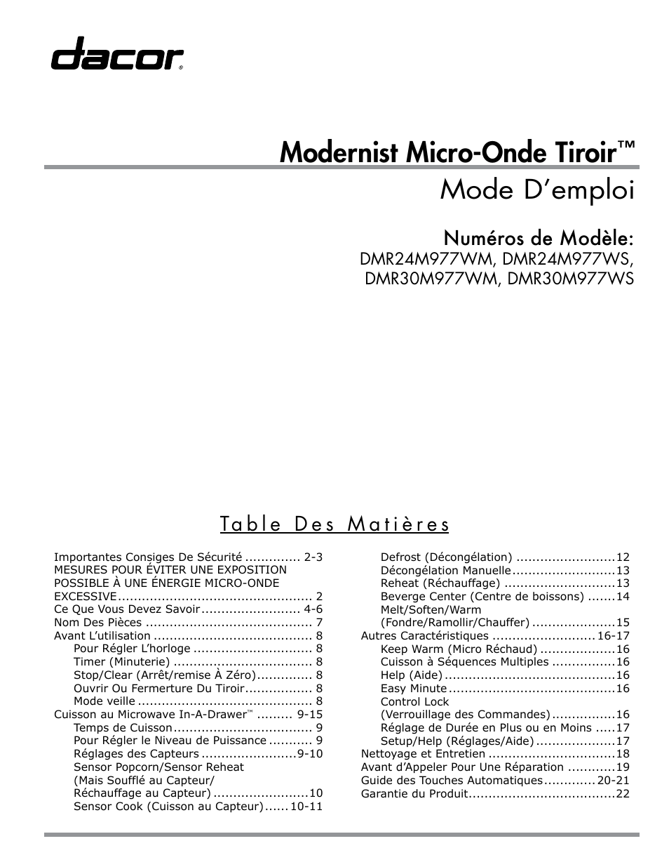 Modernist micro-onde tiroir, Mode d’emploi, Numéros de modèle | Dacor Contemporary 24 Inch Microwave Drawer User Guide User Manual | Page 23 / 46