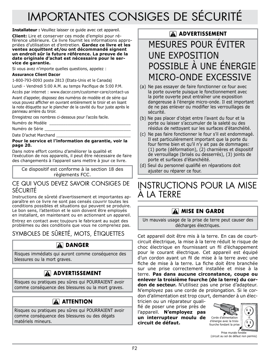 Importantes consiges de sécurité, Instructions pour la mise à la terre | Dacor Contemporary 24 Inch Microwave Drawer User Guide User Manual | Page 24 / 46